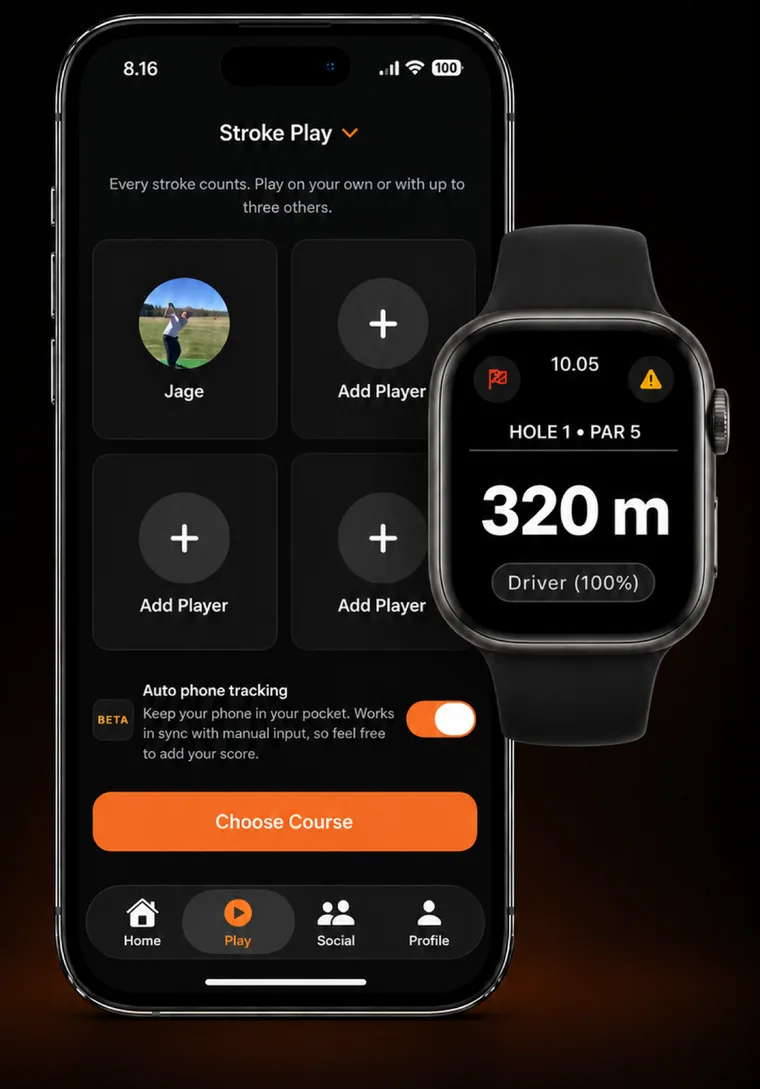 Stroke play setup with Auto phone tracking switched on, next to an Apple Watch showing 320 m to the green on hole 1