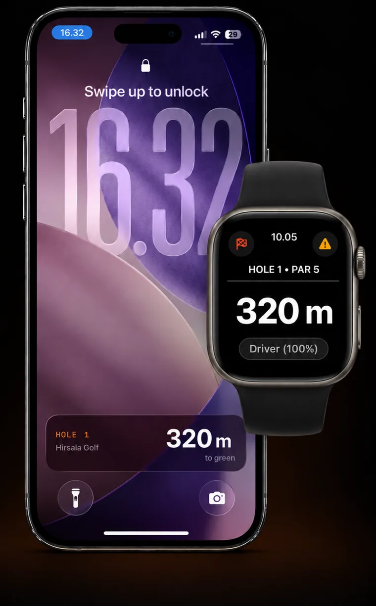 iPhone Lock Screen showing 320 m to the green on hole 1, next to an Apple Watch with the same distance and a Driver suggestion