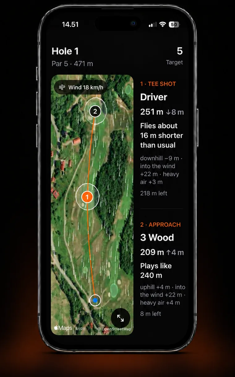 Hole 1 plan: Driver 251 m that flies about 16 m shorter than usual into the wind, then a 3 wood that plays like 240 m