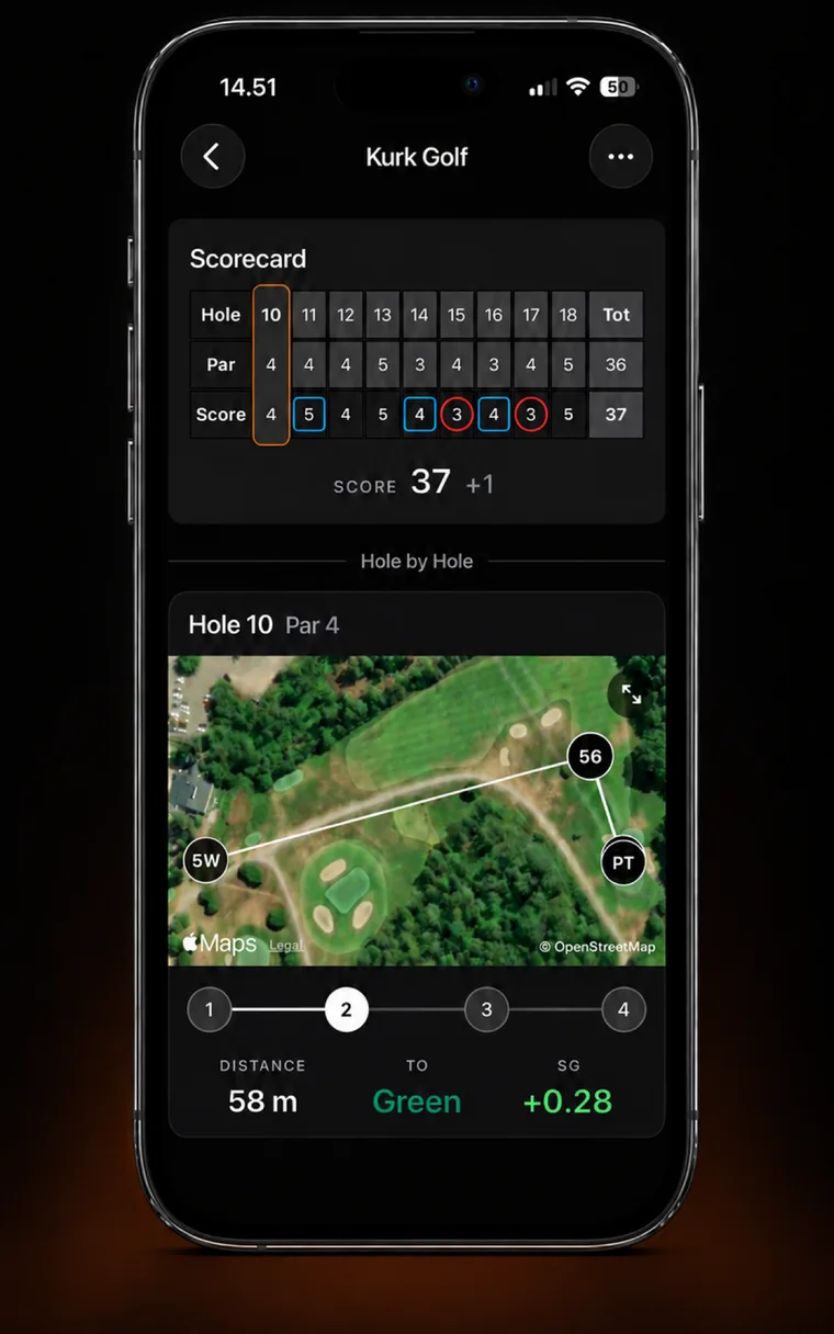 Back-nine scorecard of 37 with hole 10 on the satellite map: a 5 wood, an approach from 56 m and a putt, with +0.28 strokes gained