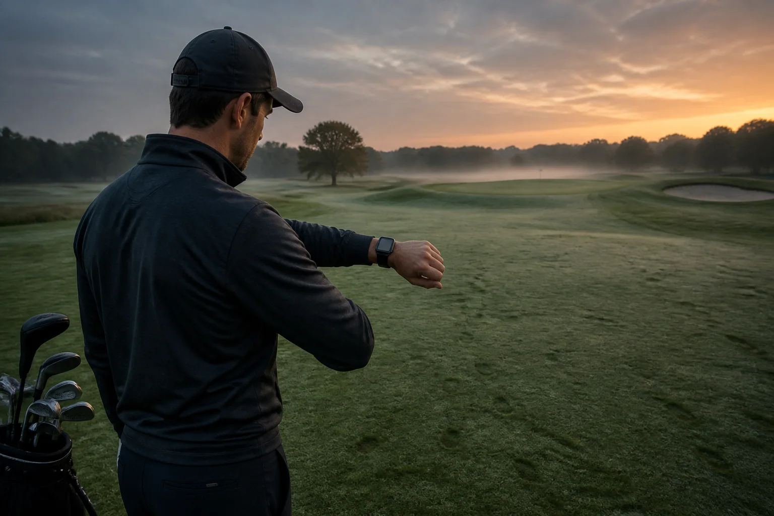 A golfer checks a smartwatch at dawn